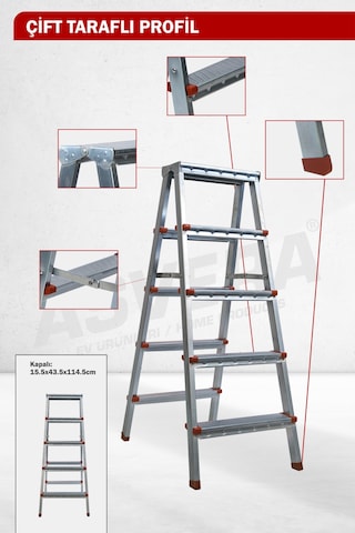Asvera 5+5 Çift Çıkışlı A Tipi Katlanabilir Profil Merdiven - Çift Taraflı Galvanizli Merdiven