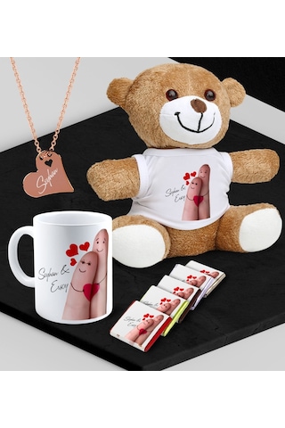 Kişiye Özel Sevgili Peluş Ayı Kupa Madlen Çikolata Ve Rose Kalp Kolye Set - 86