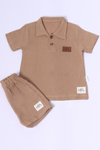 Erkek Bebek Şortlu Takım Polo Yaka Düğmeli Düz Renk E8 kahverengi