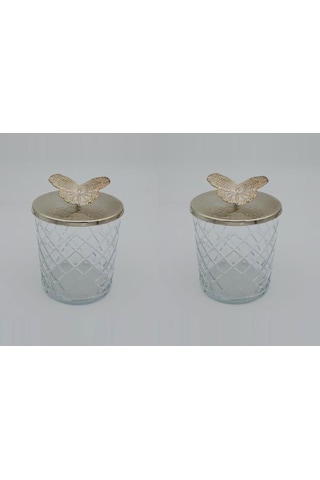 Fidex Home 2'li Dekoratif Cam Çerezlik Şekerlik Metal Kelebek Kap