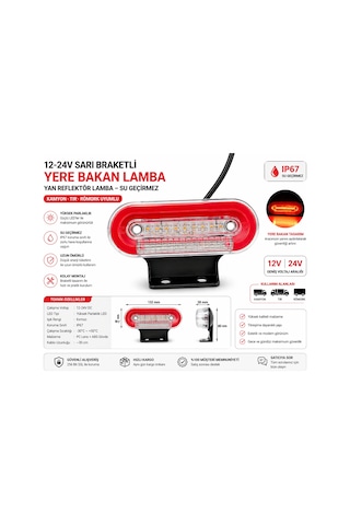 Mega Oto Market 12-24v Braketli Kırmızı Beyaz Yere Bakan Lamba Yan Reflektör Lamba Su Geçirmez Kamyon Tır Römork Uyumlu 1 Adet