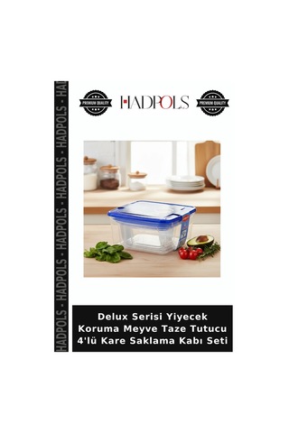 Delux Serisi Yiyecek Koruma Meyve Taze Tutucu 4'lü Kare Saklama Kabı Seti Mavi - Şeffaf