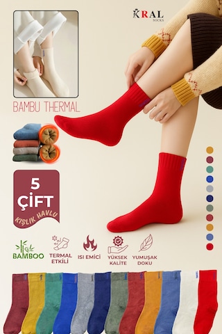 Thermo Özellikli Bambu 2x Korumalı 5 Çift Kadın Termal Renkli Kışlık Havlu Soket Çorap ASORTİ
