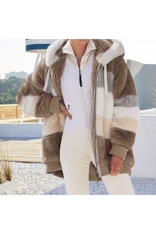 Kış Kadın Moda Kapşonlu Sıcak Gevşek Ceket Kadınlar İçin Patchwork Giyim Fermuar Bayanlar Artı Boyutu Kazak Haki