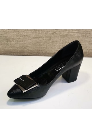 De Scarıo 630 Kadın Tokalı Sivri Burun Kalın Topuklu Ayakkabı Siyah