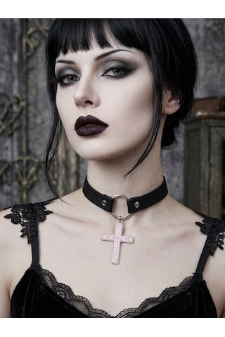 Kadın Gotik Haç Choker Kolye Siyah Deri Boyunluk, Taşlı Haç Kolye Ucu, Y2k Punk Gothic Ayarlanabilir Kolye Pembe
