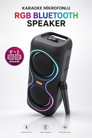 Aşınabilir Mikrofonlu 50w Led Işıklı Bluetooth Hoparlör Seti