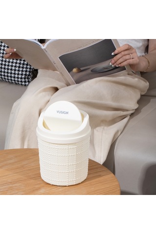 Vusıgn Mini Masaüstü Çöp Kutusu Hareketli Kapaklı 13 X 16,5 Cm Bej