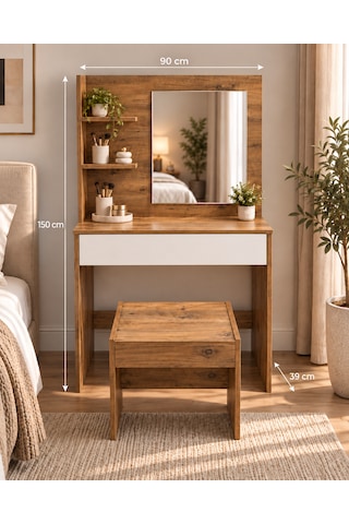 Etna Aynalı Çekmeceli Makyaj Masası 150x90 Cm- Atlantik Çam- Beyaz- Tabureli Atlantik Çam - Beyaz