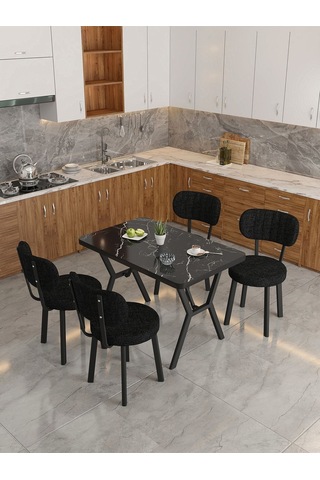 Azra 70x110cm Bendir Mutfak Masası, Mutfak Masası Takımı, Yemek Masası, 4 Siyah Sandalye Siyah