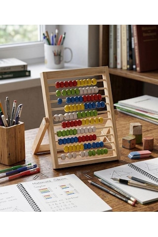 Ayaklı Ahşap Eğitici Sayı Sayma Abaküsü - Renkli Sayı Boncuklu Eğitici Matematik Oyuncağı 1
