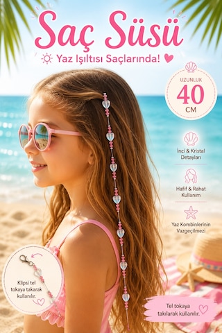 Işıltılı Kalp Boncuklu Pembe Kristalli Çocuk Saç Süsü - 40 Cm Diğer