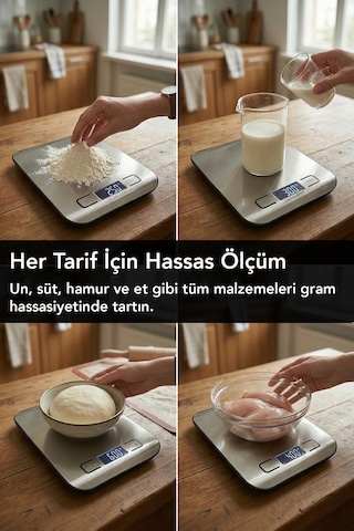 Dijital Mutfak Tartısı - Lcd Dijital Ekran 5kg Kapasiteli Paslanmaz Çelik Yüzeyli Hassas Tartı Gri