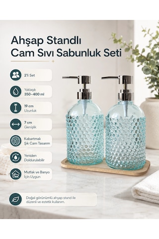 Ahşap Standlı İkili Cam Sıvı Sabunluk Seti Çok Renkli
