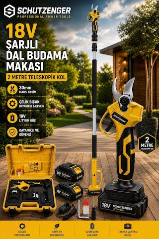 6011h Çift Akülü Şarjlı Dal Budama Makası Çelik Bıçak 30mm Profesyonel 2 Metre Teleskopik Kol Uzatmalı Sarı Germany Pro