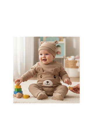 Altıntaş Baby Kulaklı Ayıcık Nakışlı Bereli Erkek Bebek Fitilli Tulum Bej Bej