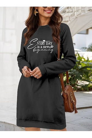 Tua Moda Kadın Uzun Kollu Bisiklet Yaka Kısa Viskon Iki Iplik Elbise Antrasit