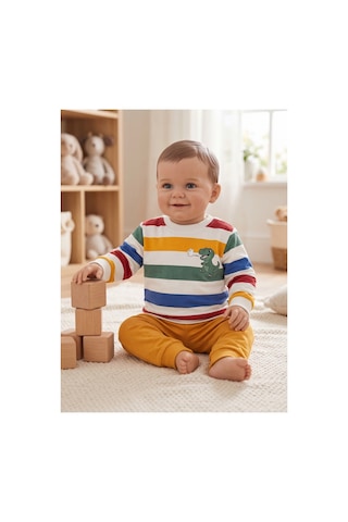Deniva Kids Erkek Bebek Dinozor Baskılı Çizgili 2'li Eşofman Takımı Sweatshirt & Eşofman Altı - 1 Yaş Turuncu