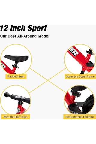 Strider 12 Spor Bisikleti, Kırmızı - 1 İla 4 Yaş Arası Çocuklar İçin Pedalsız Denge Bisikleti - Emniyet Pedi, Do Çok Renkli