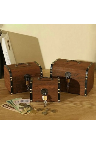 Fosenze Eski Stile Sahip El Yapımı Ahşap Kumbara, Kilitli Para Kazanma Kutusu, 15x10x10cm, Kahverengi Renk, Dini Bayramlar Ve Hediyeler İçin Uygun Haki