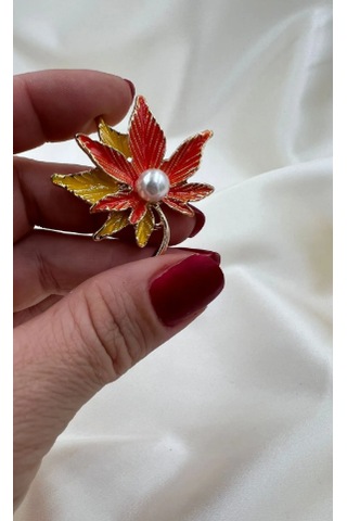 Bb Akağaç Yaprağı İncili Broş Altın - Kahverengi