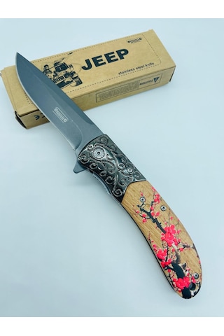 Jeep Ahşap Kasa Çiçek Desenli Kamp Çakı //23cm-0ııııııı0 Kahverengi - Sarı