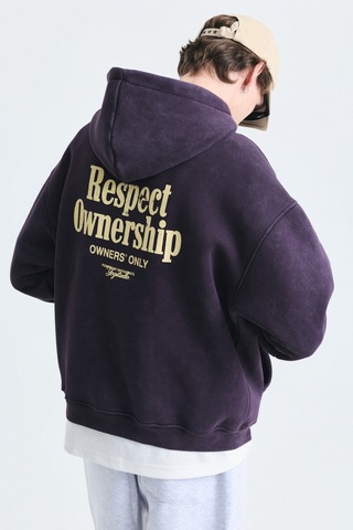 Vamos Boxy Fit Yazılı Kapüşonlu Sweatshirt Mürdüm