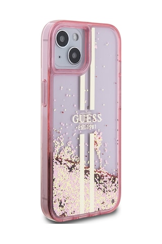 Apple Uyumlu iPhone 14 Kılıf Guess Lisanslı Transparan Sıvılı Simli Altın Çizgili Kapak Pembe