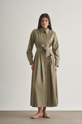 Mizalle Premium Saf Pamuk Haki Piliseli Uzun Elbise Haki