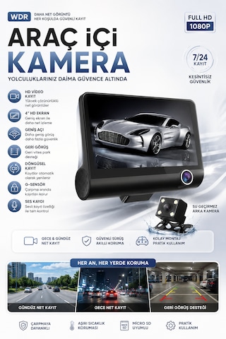 1080p Full Hd Araç Içi Kamera Ön Arka Ve Iç Kayıt 3 Kamera Gece Görüşlü G Sensör Geniş Açı