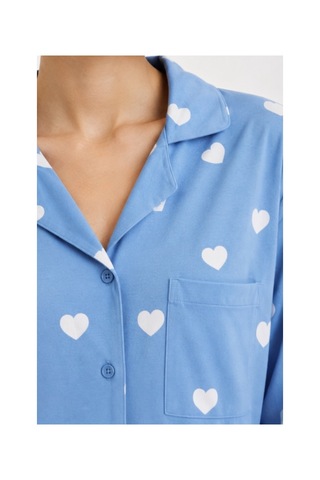 Feg Store Kadın Mavi Kalp Desenli Süet Dokulu Gömlek Yaka Pijama Takımı - Yumuşak Premium Seri