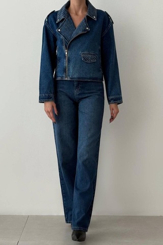 Lacarino 7757 Taşlı Kadın Jean Ceket Blue