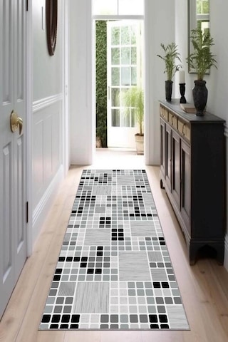 Gri Kaymaz Makinede Yıkanabilir Kareli Kesme Yolluk Vh002n11