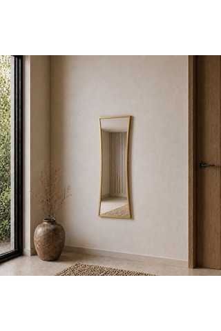 Modern Çerçeveli Boy Aynası 40x120 Cm Kavisli Minimalist Dekoratif Duvar Aynası Altın