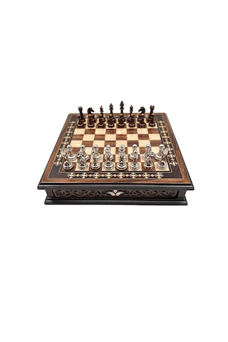 Özel - 46 - Tasarım El İşi Yuvarlak Satranç Tahtası Ve Metal Satranç Taşları Mcyv36 - Bakır-gümüş, - Kmrsfres - Kahve Ta