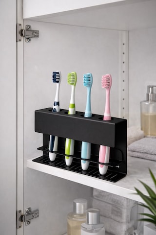 Metal Diş Fırçalık Siyah 4 Bölmeli Duvara Monte Diş Fırçası Tutucu Banyo Organizer