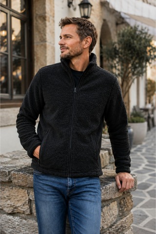 Luxıc Core Erkek Peluş Mont Slim Fit Dik Yaka Fermuarlı Cepli Günlük Spor Ceket Siyah