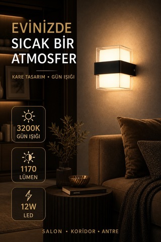 Astec Elektrikli Elit 12w Kare Led Duvar Aplik Suya Toza Dayanıklı 3200k Gün Işığı İç Dış Mekan Balkon Bahçe