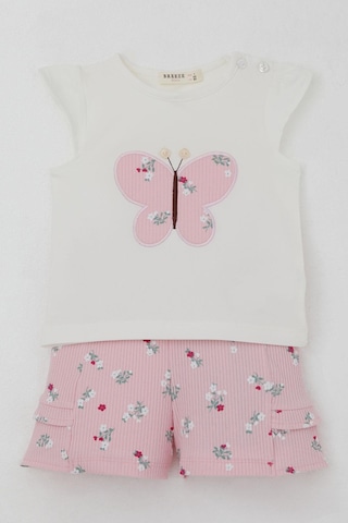 Breeze Kız Bebek Şortlu Takım Çiçek Baskılı Kelebek Nakışlı Düğme Aksesuarlı 6 Ay-2 Yaş, Ekru Ekru