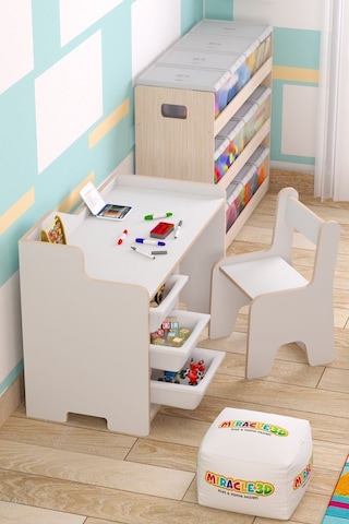 Miracle 3d Çocuk Çalışma Masası 90x45cm 3 Sepetli Çocuk Çalışma Masası Sırt Dayamalı Sandalye Beyaz