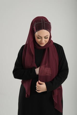 Hürrem Bone Bordo Arkadan Bağlamalı Abiye Şal Şifon Kare Desenli Taşlı 1900 16 Bordo