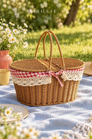 Rosıe Pötikare Desen Kumaş 2 Kapaklı Oval Piknik Sepeti 40 Cm Karışık