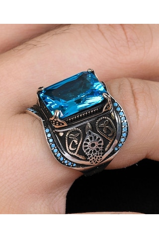 925 Ayar Gümüş Erkek Yüzüğü Aquamarine Aqua Marin Taşlı Turkuaz Taş Süslemeli 800936