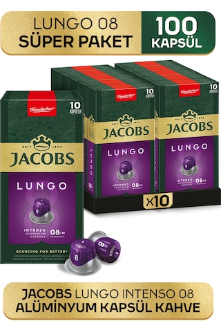 Jacobs Lungo 8 Intenso Nespresso Uyumlu Alüminyum Kapsül Kahve 10 Adet X 10 Paket Kapsül Kahve