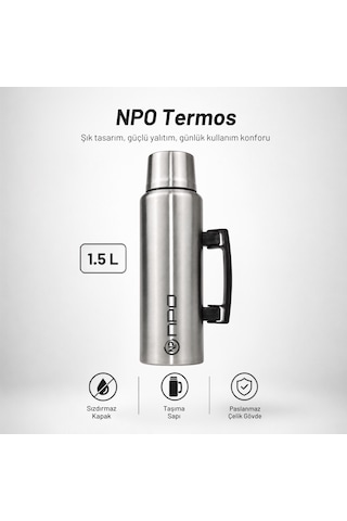 Npo Nt01 1.5l Çift Katmanlı Vakum Teknolojili 24h Sıcak 48h Soğuk 72 Saat Buzlu Çelik Termos Gri