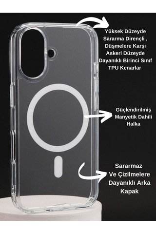 Apple Uyumlu iPhone 16 Şeffaf Kılıf Magsafe Özellikli Hybrid Kristal Kapak Şeffaf
