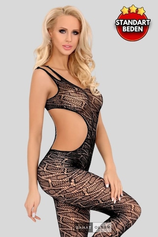 İnce File İp Askılı Derin Sırt Ve Bel Dekolteli Siyah Fantezi Vücut Çorabı Siyah