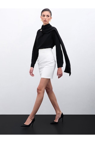 Sateen Şal Detaylı Bluz - Siyah-135955 Siyah