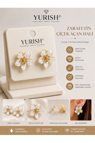 Kadın Sedefli Çiçek Figürlü Mineli Model 2'li Küpe Ekru