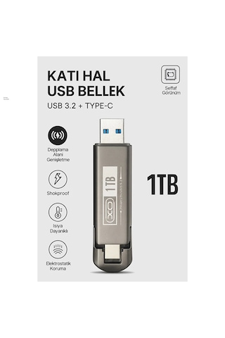 1tb Usb 3.2 + Type-c Çift Girişli Taşınabilir Flash Bellek Yüksek Hızlı, Dayanıklı Ve Şok Korumalı Gri